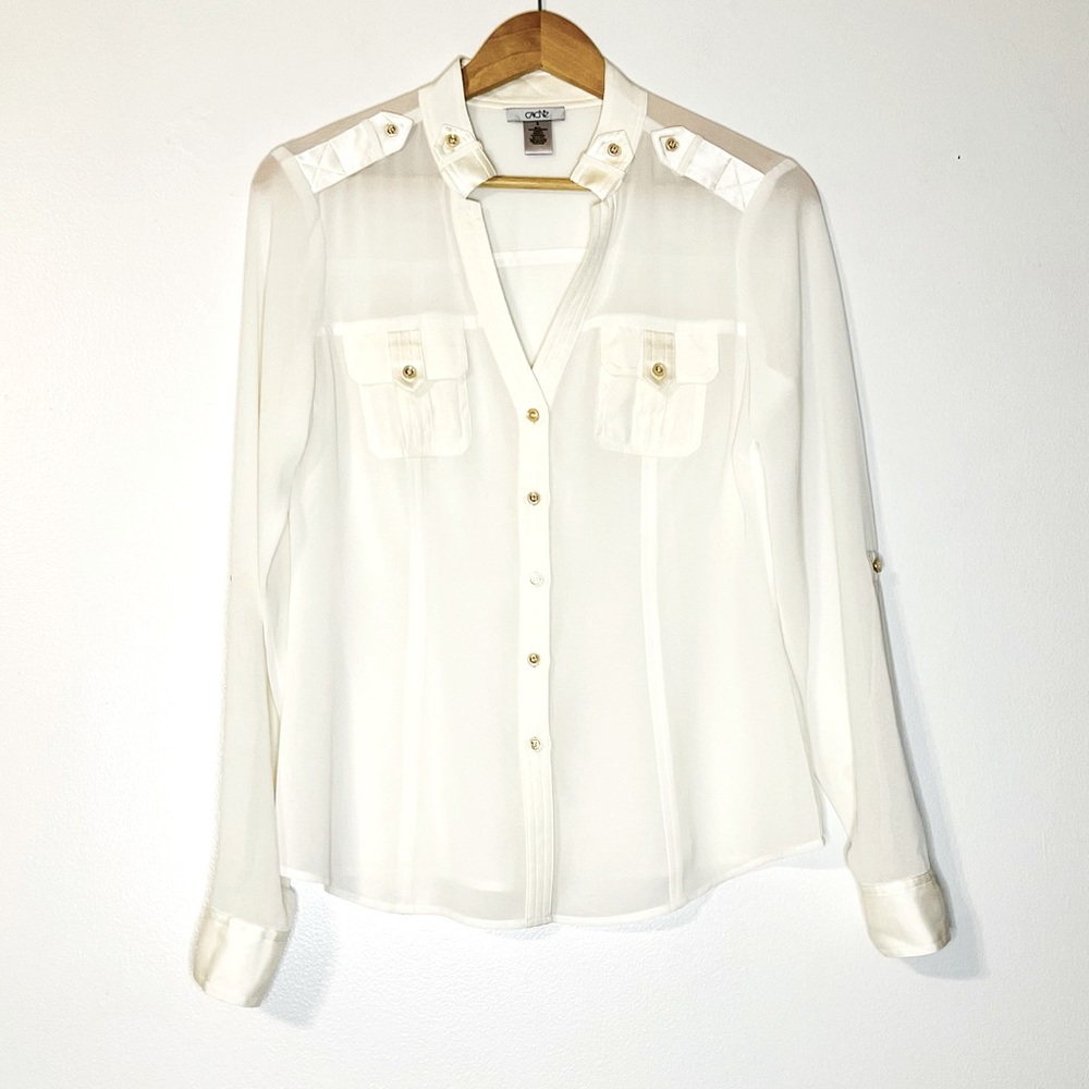 Cache Sheer & Silk Blend White Button Up Top Roll… - image 3